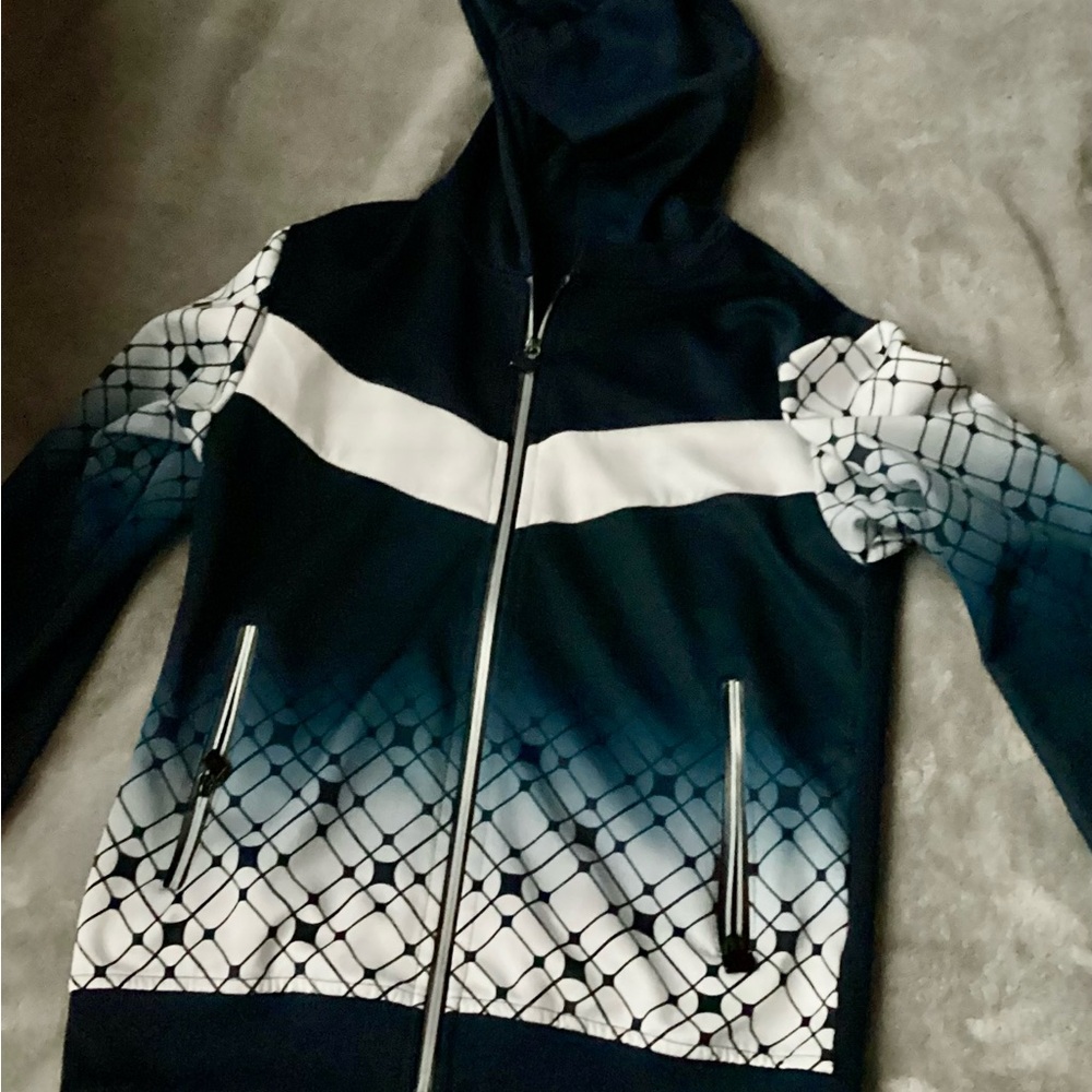 Kids Hooded Navy Jacket with Geometric Pattern